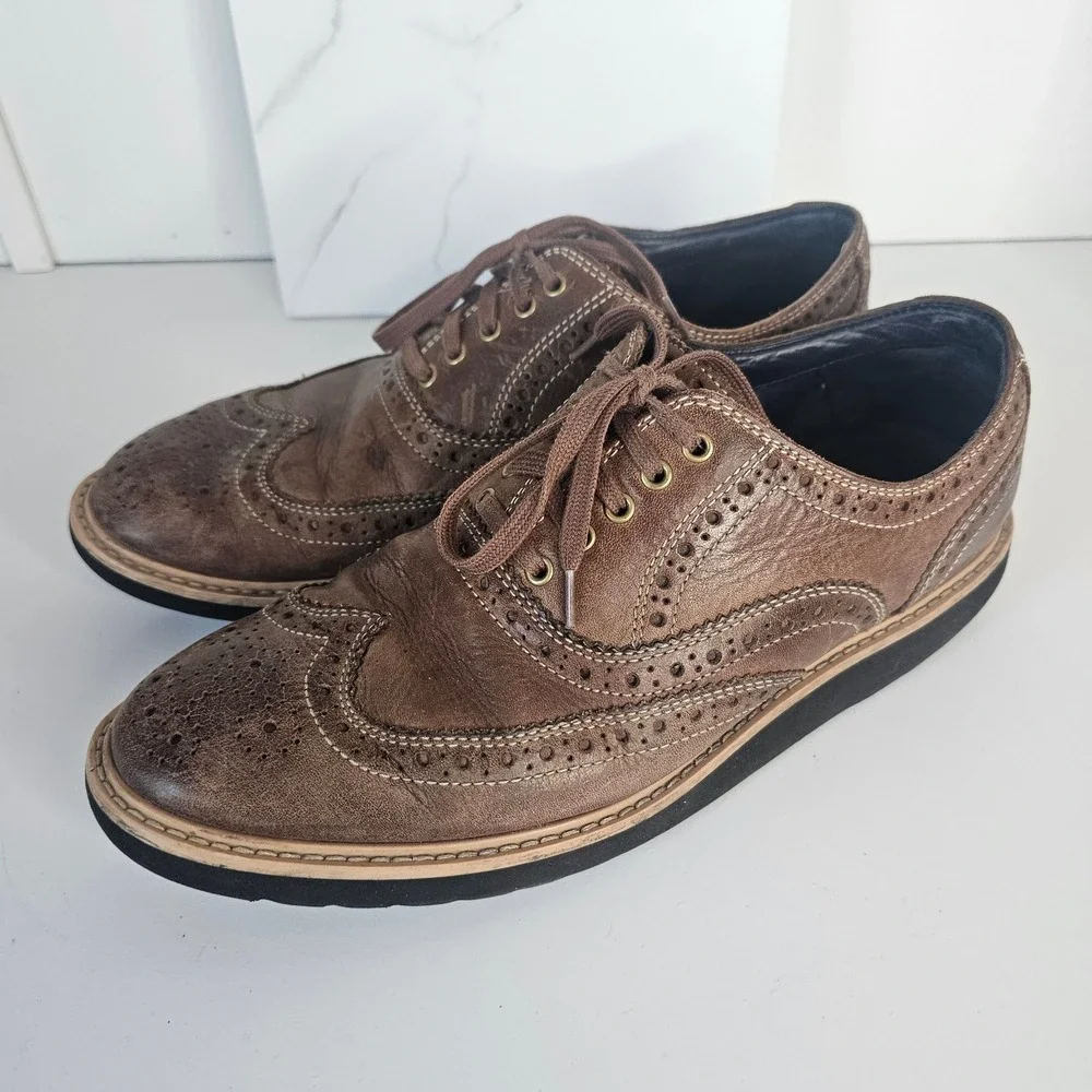 Cole Haan Mens Brown Leather Wingtip Oxford Brogue Dress Shoes Wedge‎ Sole 8M